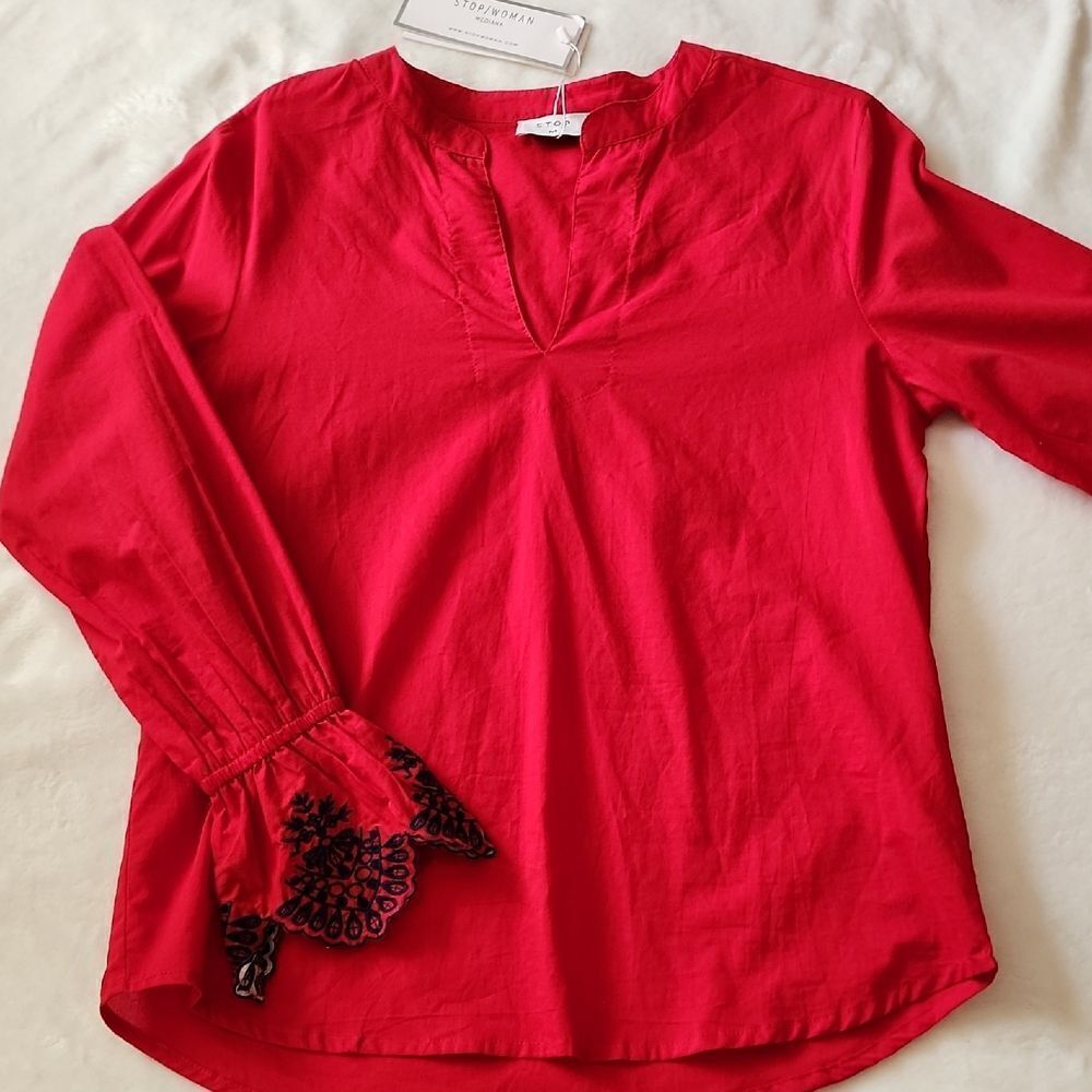 Stop Women's Red Long Ruffled Embroidered Sleeve Blouse NWT